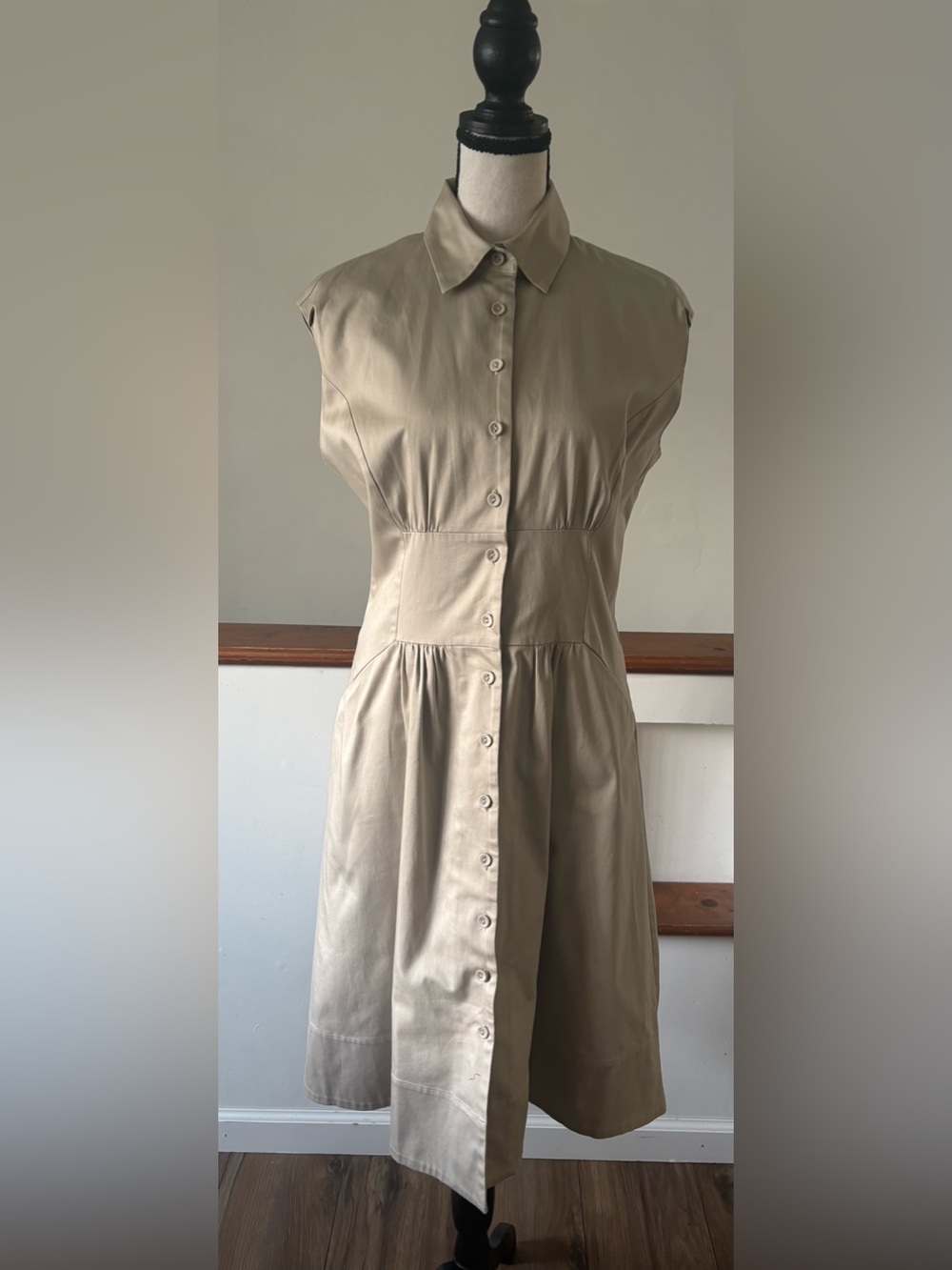 Calvin Klein Beige A- line Button Down Midi Career Dress
